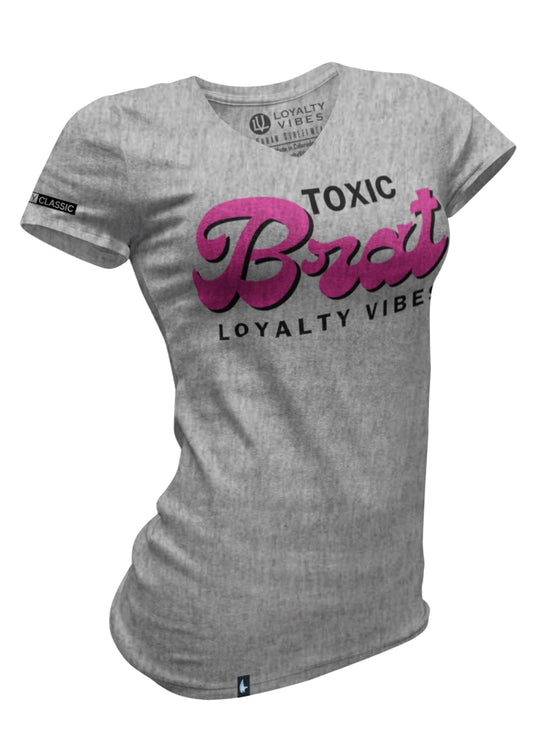 Toxic Brat V-Neck Tee - Heather Grey/Pink - Loyalty Vibes