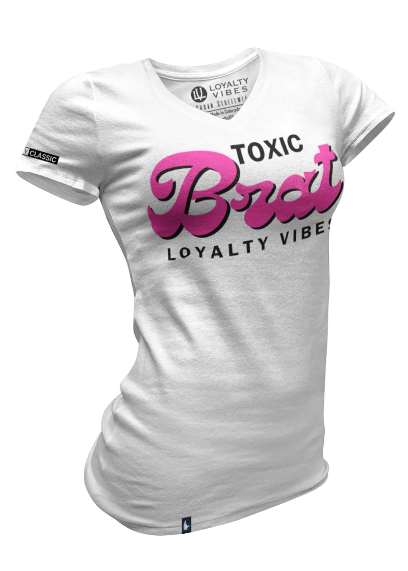 Toxic Brat V-Neck Tee - White/Pink - Loyalty Vibes