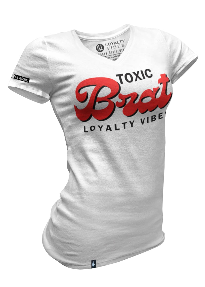 Toxic Brat V-Neck Tee White Red - Loyalty Vibes