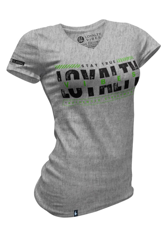 Loyalty Vibes Velocity Logo V-Neck Tee Heather Grey Green - Loyalty Vibes