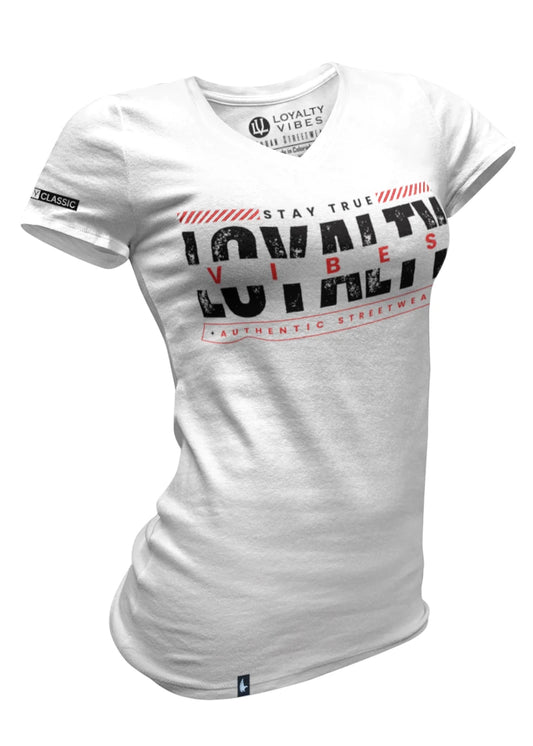 Loyalty Vibes Velocity Logo V-Neck Tee White Red - Loyalty Vibes