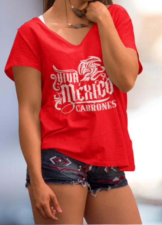 Cabrones V-Neck Tee Red - Loyalty Vibes