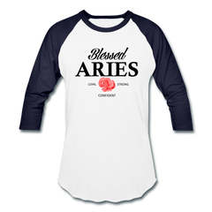 Blessed Aries Unisex Baseball T-Shirt white navy - Loyalty Vibes