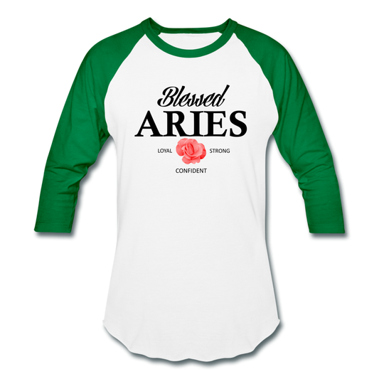 Blessed Aries Unisex Baseball T-Shirt white kelly green - Loyalty Vibes