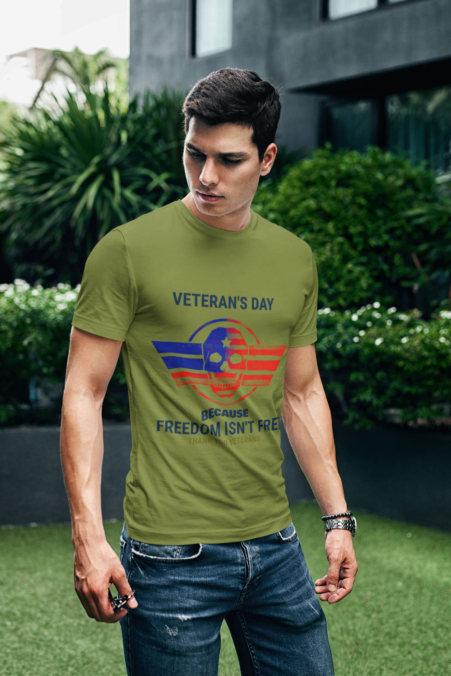 Freedom Skull Veteran's Day T-Shirt Military Green - Loyalty Vibes